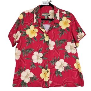 Vintage 90s Sunset Cove Red Hawaiian Shirt Womens XL Floral Rayon Made Hong Kong